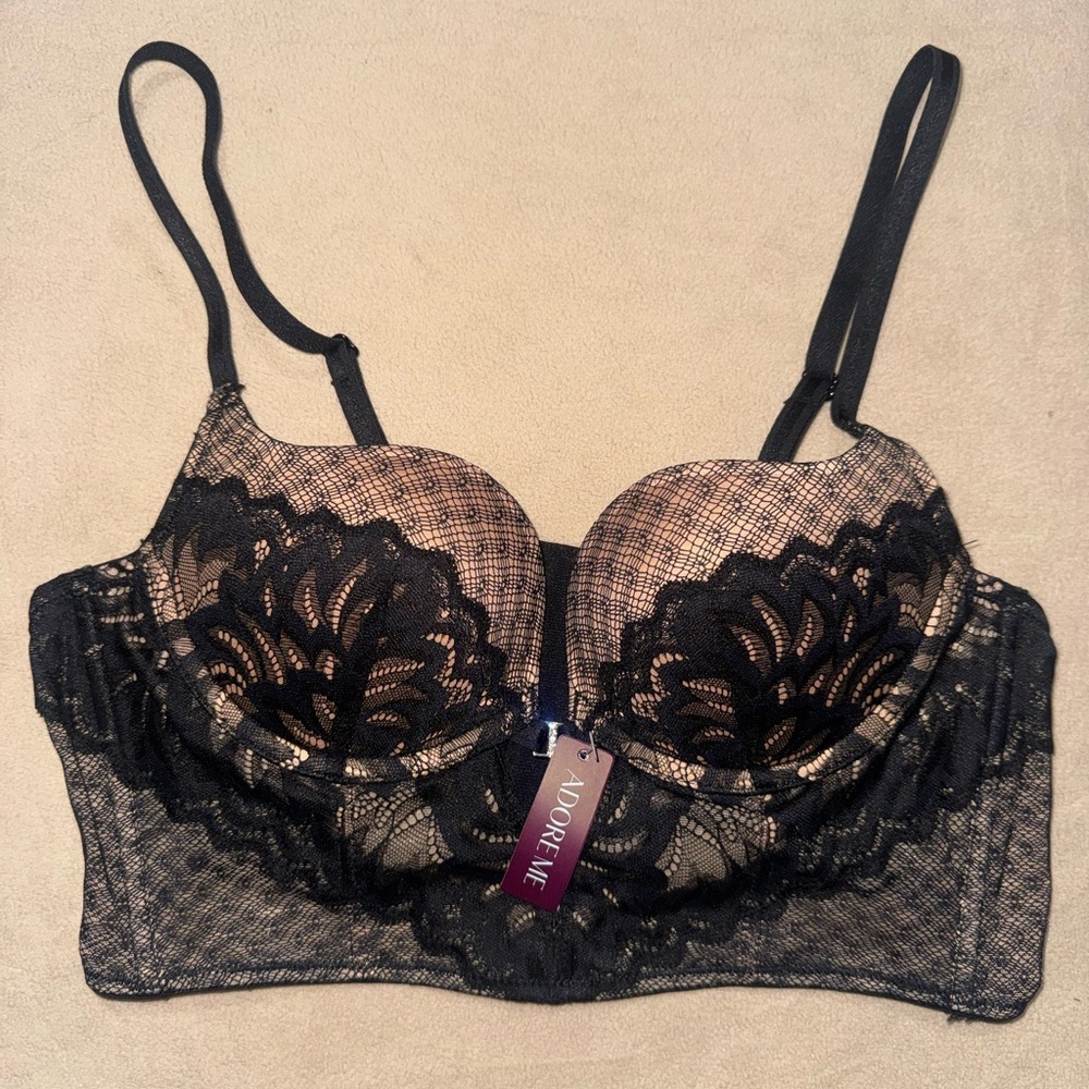 Adore Me Black Lace Longline Bra with Nude Underlay